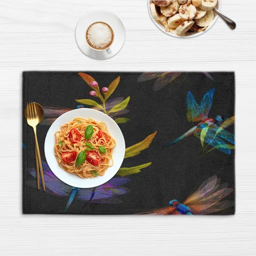 Vista 6 de Juego de 4 manteles individuales con temática de libélula y animales, lavables, impermeables, para fiestas, hogar, comedor, decoración de mesa de 18