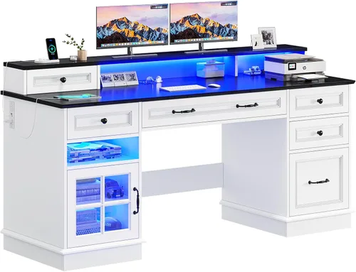 Vista 8 de BTHFST Escritorio ejecutivo con cajón de archivos, escritorio para computadora con soporte para monitor, escritorio de oficina en casa con cajones