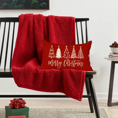 Vista 7 de RABUSOFA Fundas de almohada de Navidad de 12 x 20 pulgadas, almohadas decorativas de árbol de Navidad, fundas de cojín rojas de Navidad para Rojo