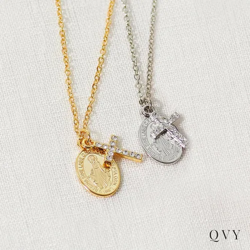 Vista 6 de Collar de cruz y Virgen María para mujer, colgante de medalla milagrosa, chapado en plata rodiada, acero inoxidable, no se deslustra, regalos