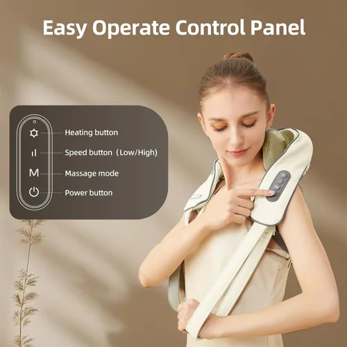 Vista 6 de Masajeador Shiatsu inalámbrico de cuello y hombros con calor - Masaje de amasamiento 6D, alivio del dolor de tejido profundo para trapecio, Beige-PVC