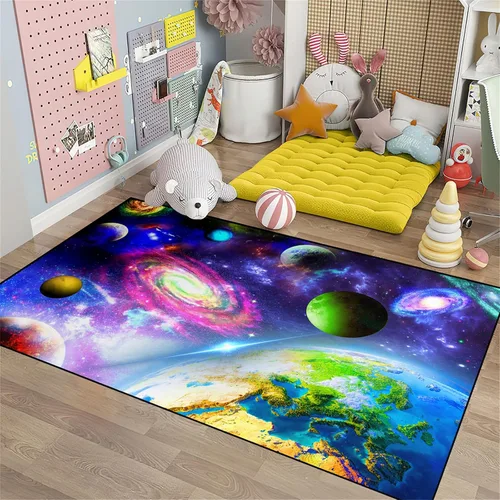 Vista 9 de Alfombra espacial para habitación de niños, alfombra de galaxia para niños, alfombras espaciales para dormitorio de niños, decoración