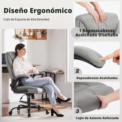 Vista 4 de DUMOS Silla de oficina, silla ergonómica de cuero, soporte lumbar, color Gris