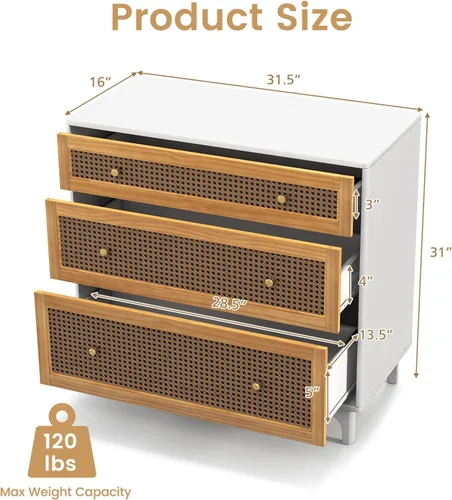 Vista 3 de Giantex Cómoda de 3 cajones para dormitorio, cómoda de almacenamiento con dispositivo anticaída, amplia mesa de noche para sala de estar, pasillo