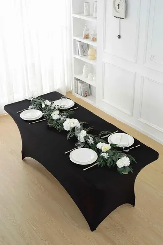 Vista 7 de Paquete de 2 manteles de elastano negro de 6 pies – Manteles ajustados – Mantel elástico de ajuste universal para mesas plegables – Sin arrugas