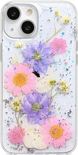 Vista 17 de Abbery Funda diseñada para iPhone 13 Pro con diseño de flores prensadas con purpurina y diseño de goma de silicona suave, diseño de flores reales