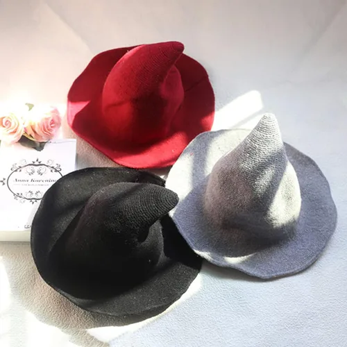 Vista 4 de Sombrero de bruja para adultos y niños, sombreros de Halloween de lana para fiestas de máscaras, cosplay, accesorio de disfraz diario para mujeres