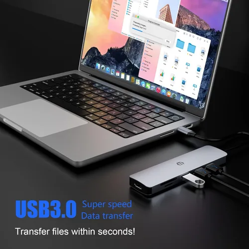 Vista 3 de Hub USB C 6 en 1, concentrador multipuerto Tiergrade con salida HDMI 4K, 3 puertos USB-A con transferencia de datos de 5 Gbps, base USB C