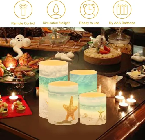 Vista 3 de Velas LED parpadeantes operadas por batería, juego de 4 con control remoto y temporizador, velas de llama danzante, velas de pilar para mesa, Playa