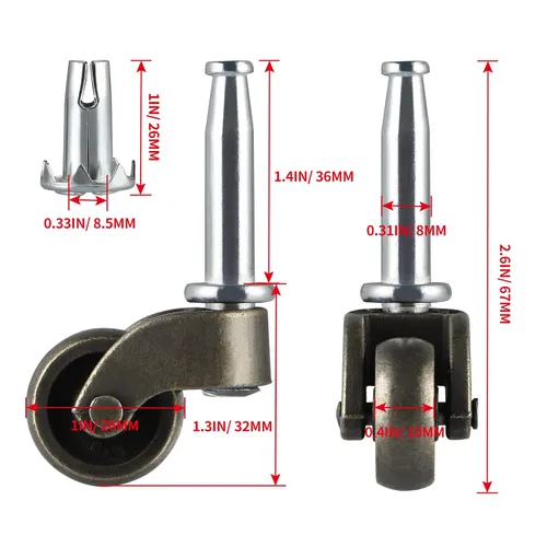 Vista 3 de Skelang Rueda giratoria de 1 pulgada, rueda de aleación de zinc con enchufe, repuesto de rueda giratoria para mesa de café, cómoda, mesita de noche