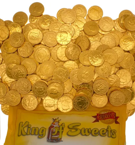 Vista 8 de Monedas de oro de chocolate con leche de 1 libra en una bolsa de King Of Sweets resellable a granel