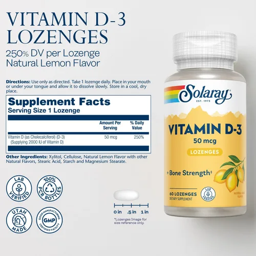 Vista 2 de SOLARAY Pastillas de vitamina D3 de 50 mcg – 2000 UI de vitamina D3 – Huesos fuertes, apoyo muscular e inmunológico – Sabor natural de limón