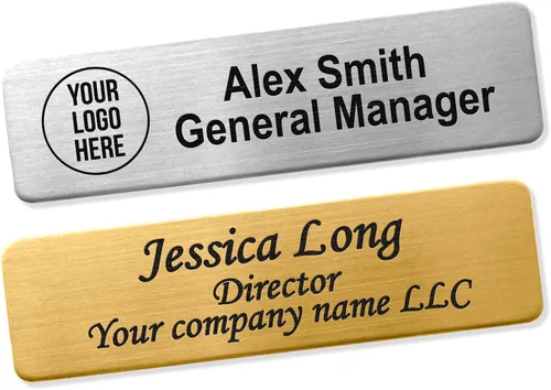 Vista 10 de Placas de identificación con nombre grabadas personalizadas, insignias de identificación personalizadas con texto y logotipos, nombre de metal