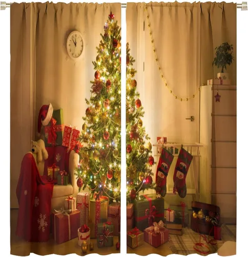 Vista 42 de Cortina opaca de Navidad para ventana, campanas de Navidad, festivales, decoración de atmósfera, cortina para sala de estar, habitación