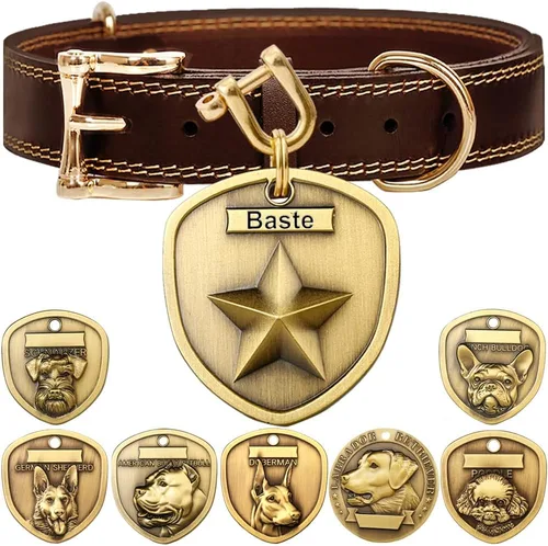 Vista 9 de Collar de cuero auténtico para perro + Juego de etiqueta para perro bulldog con relieve 3D (XS-S)