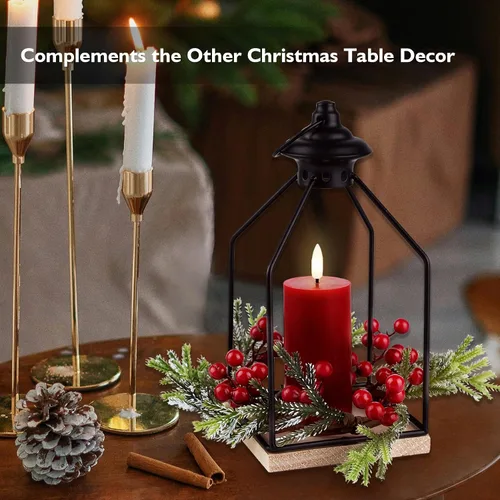 Vista 9 de Rhytsing Centros de mesa de Navidad, farol decorativo de 10 pulgadas de alto con cera real, vela LED roja sin llama y anillo de vela de cedro