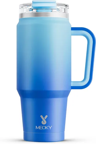 Vista 13 de Meoky Vaso de 40 onzas con asa y pajita, vaso aislado con tapa y popote, taza de viaje de acero inoxidable, mantiene el frío durante 34 horas, 100%