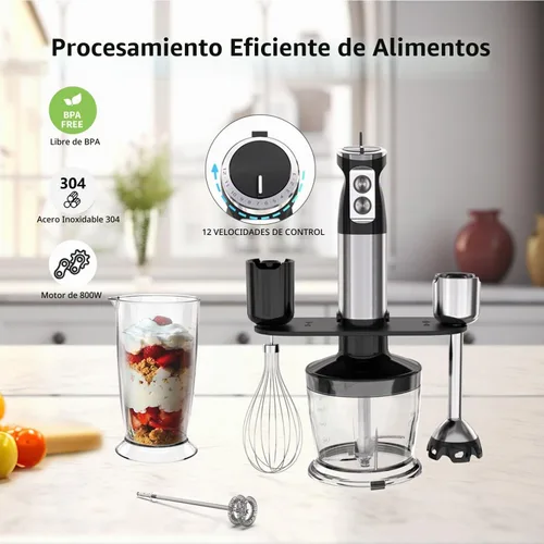 Vista 9 de Batidora de inmersión de mano, mezclador de mano 5 en 1 eléctrico de mano para cocina, batidora de emulsión de mano con cable con vaso