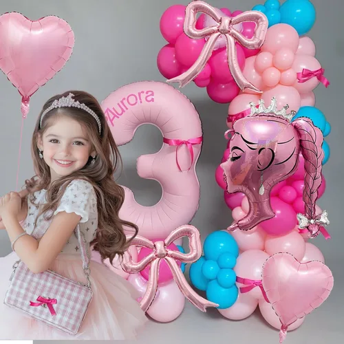 Vista 4 de Juego de globos de aluminio rosa princesa, 5 globos de lazo rosa, lámina de muñeca de corona y globos de corazón para maquillaje, cumpleaños