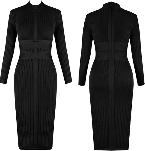 Vista 4 de UONBOX Vestido de manga larga para mujer, con tirantes cruzados, acanalado, para club, fiesta, midi