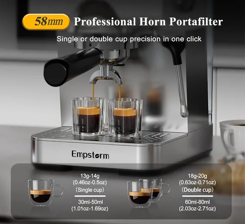 Vista 11 de Empstorm Cafetera Espresso 20 Bares con Espumador de Leche de Vapor, Cafetera Espresso de Acero Inoxidable con Pantalla LED Cafetera para Café