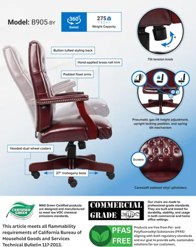 Vista 5 de Boss Office Products Silla clásica ejecutiva Caressoft con acabado de caoba en Borgoña, respaldo alto (B905-BY)