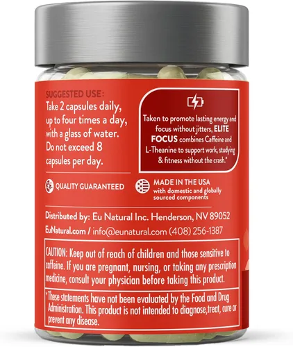 Vista 9 de Elite Cafeína con L-teanina, fuerza extra sin temblores, energía enfocada, cápsulas nootrópica natural para el rendimiento cognitivo, 120 cápsulas
