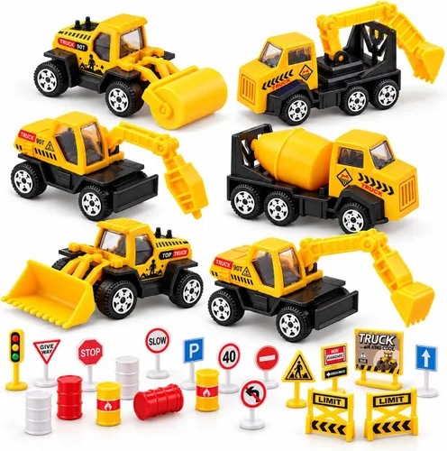 Vista 8 de TOY Life - Juego de mini vehículos de construcción, 35 piezas de camiones 35 piezas de juguetes de construcción