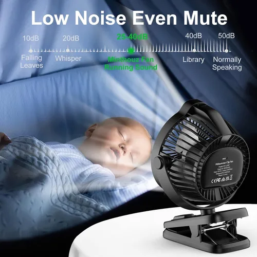 Vista 9 de Minthouz Ventilador de clip – Ventilador pequeño recargable USB C de 8000 mAh con indicador de nivel de batería, rotación de 720° de bajo ruido