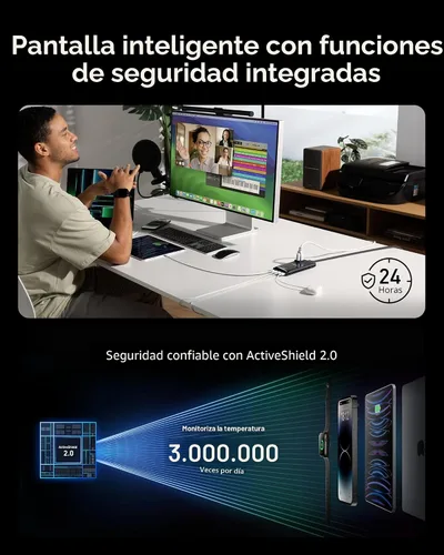 Vista 6 de Anker Prime Estación de carga, tira de alimentación de viaje 6 en 1 de 140 2 AC, 2 USB A, cable de extensión desmontable de 5 pies con múltiples