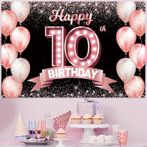 Vista 6 de Cartel de feliz cumpleaños décimo oro rosa, telón de fondo, saludos a 10 años, globos de confeti, decoración temática para niñas de 10 años