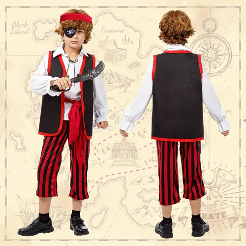 Vista 2 de Joy Bang Disfraz de pirata para niños, disfraces de bucanero de Halloween para niños y niñas de 3 a 12 años, juego de rol de simulación de cosplay