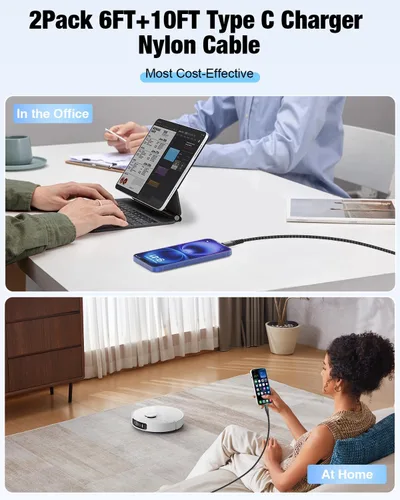 Vista 7 de Cabepow Cable USB C a USB C de 240 W [2 unidades de 6 pies + 10 pies], cable de carga rápida USB C a C, cable trenzado tipo C a tipo C para iPhone