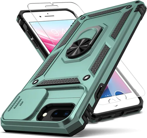 Vista 10 de Funda para iPhone 8 Plus, para iPhone 7/6 Plus, con cubierta deslizante para cámara + protector de pantalla HD, soporte de anillo giratorio de grado