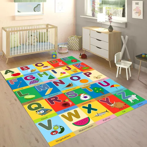 Vista 8 de Tapete educativo de 3 x 4 pies, tapete de aprendizaje ABC y 123 para niños pequeños con diseños de animales, alfombra antideslizante lavable