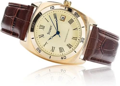 Vista 3 de Stauer Timemaster Reloj Piezo para hombre, reloj analógico con acabado dorado con caja trasera de acero inoxidable, caja de aleación resistente