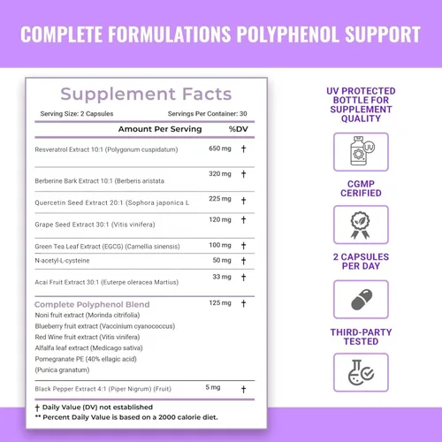 Vista 2 de Suplemento de resveratrol con quercetina, berberina, extracto de semilla de uva y mezcla de polifenoles para la salud de la piel, apoyo inmunológico