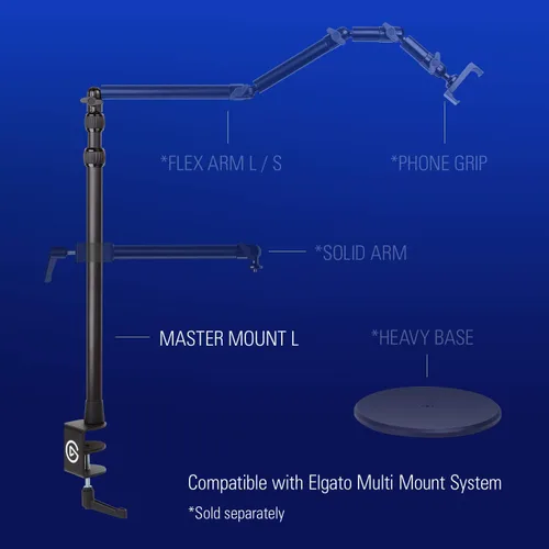 Vista 3 de Elgato Master Mount L - Abrazadera de escritorio premium con poste extensible hasta 125cm/49in y rosca de 1/4 de pulgada para montar luces, cámaras