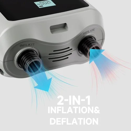 Vista 5 de Bomba de tabla de remo, bomba de aire eléctrica SUP, función de desinflación, apagado automático, conector de coche de 12 V CC para tabla de remo