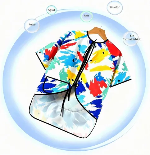 Vista 3 de Huahui Delantal de pintura infantil impermeable para niños Manga corta.