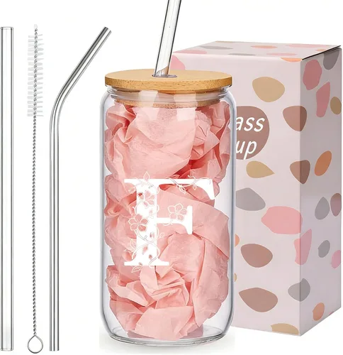Vista 12 de Regalos personalizados para mujeres, tazas de vidrio con monograma con tapas y pajitas, regalos personalizados para mujeres, vasos de café helado