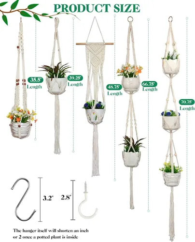 Vista 2 de GROWINGGAIR - Paquete de 5 perchas de macramé para plantas, hechas a mano, de algodón, con 10 ganchos, soporte para macetas, cuentas de madera