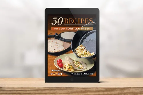 Vista 2 de Tortillada - Prensa de tortilla (8 in) incl. libro electrónico y papel pergamino Prensa de tortilla de hierro fundido resistente con 50 recetas