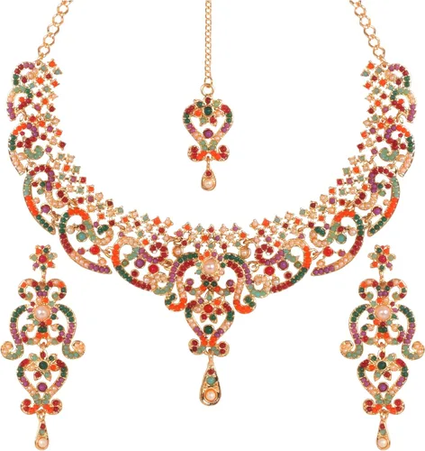 Vista 184 de Conjunto precioso de collar con look real Indian Bollywood, maravillosamente decorado, conjunto de collar adornado para mujer.