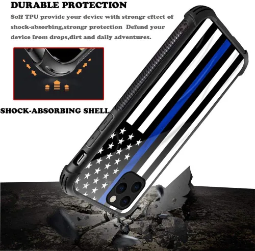 Vista 4 de ZHEGAILIAN Funda compatible con iPhone 12 Pro Max, funda de bandera estadounidense de línea azul, parte trasera de vidrio templado + funda Blue Line