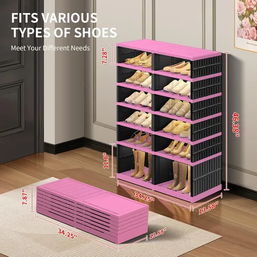 Vista 2 de CIMLORD Zapatero plegable ancho de 6 niveles con puertas para 24 pares, negro-rosa Zapatero grande plegable para 24 pares, se pliega compacto.