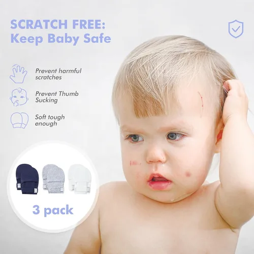 Vista 2 de HAPIU Manoplas para bebé que no se rayan, 100% algodón transpirable, guantes ajustables para niños y niñas, recién nacidos, 12 M