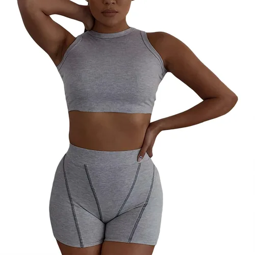 Vista 2 de Work Sets Tank Piece Stripped high Shorts Yoga Sports Set Outfits Waist Sports Goya Gay