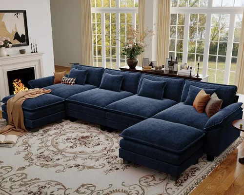 Vista 99 de Sofá modular de gran tamaño de 154 pulgadas, cómodo sofá en forma de U con 3 otomanas móviles, sofá moderno de felpilla de 7 plazas para sala