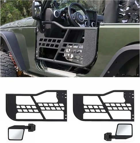 Vista 2 de Puertas tubulares todoterreno Safari con espejo lateral compatibles con Jeep Wrangler JK 2007-2018 – Juego de 2 puertas de tubo medio para aventura